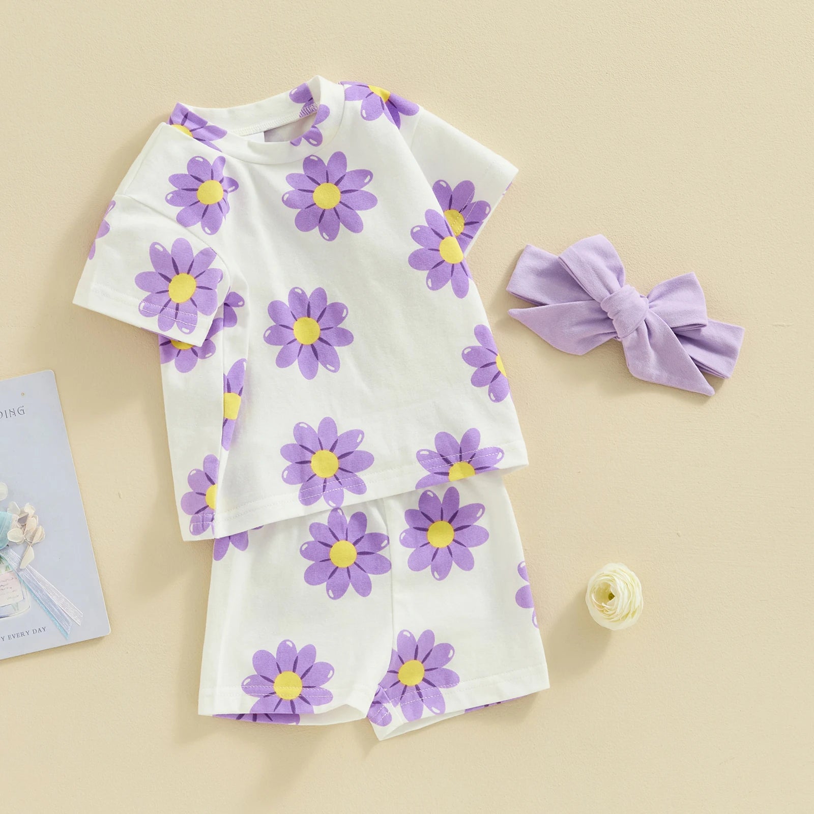 Flowers Print Baby Girls 3pcs Short Sleeve Tops Shorts Hairband Set childrensterritory
