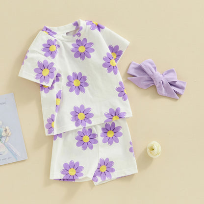 Flowers Print Baby Girls 3pcs Short Sleeve Tops Shorts Hairband Set childrensterritory
