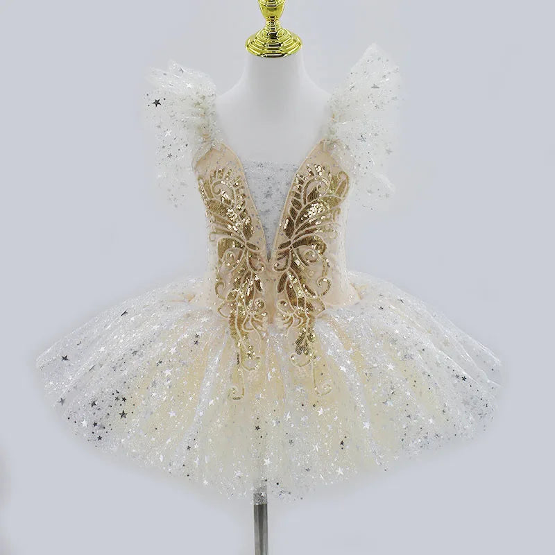 Kids Girls Professional Gold Sequin Ballet Tutu Dress