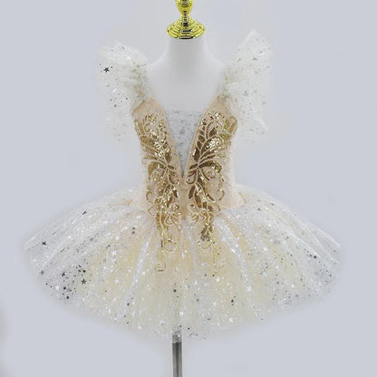 Kids Girls Professional Gold Sequin Ballet Tutu Dress