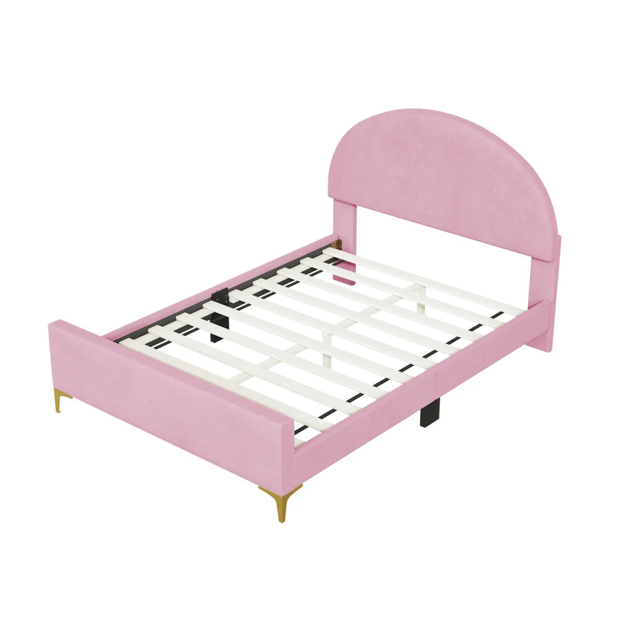 Platform Bed with Velvet Upholstery and Semi-Circular Headboard childrensterritory