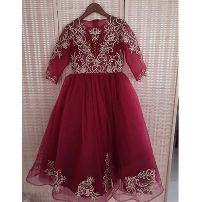 Kids Girls Black Floor Length Pageant Dress with Gold Appliques