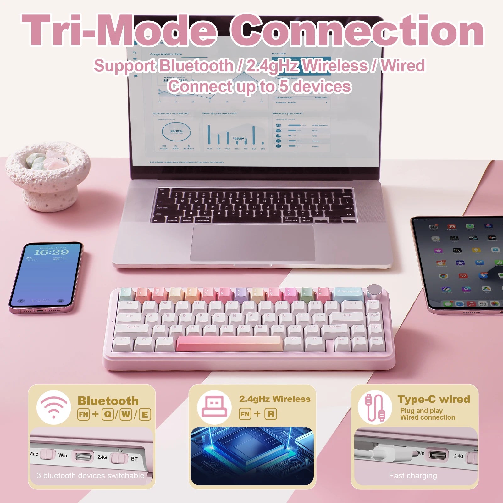 Tri-Mode Hot Swappable Wireless Gaming Keyboard for Win/Mac