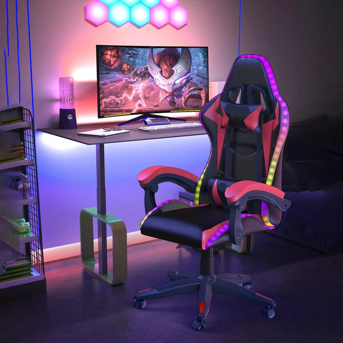 Reclining PU Leather Gaming Chair with LED Lights childrensterritory