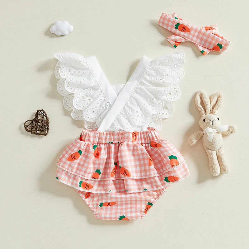 Baby Girl Square Neck Carrot Print Bodysuit with Headband