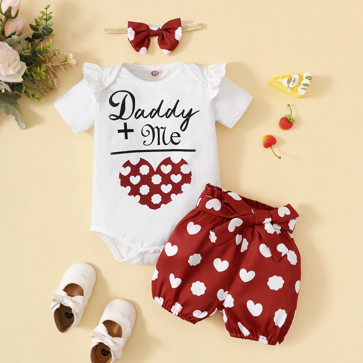 3PCS Baby Girl Love Letter Print Bodysuit + Shorts Set