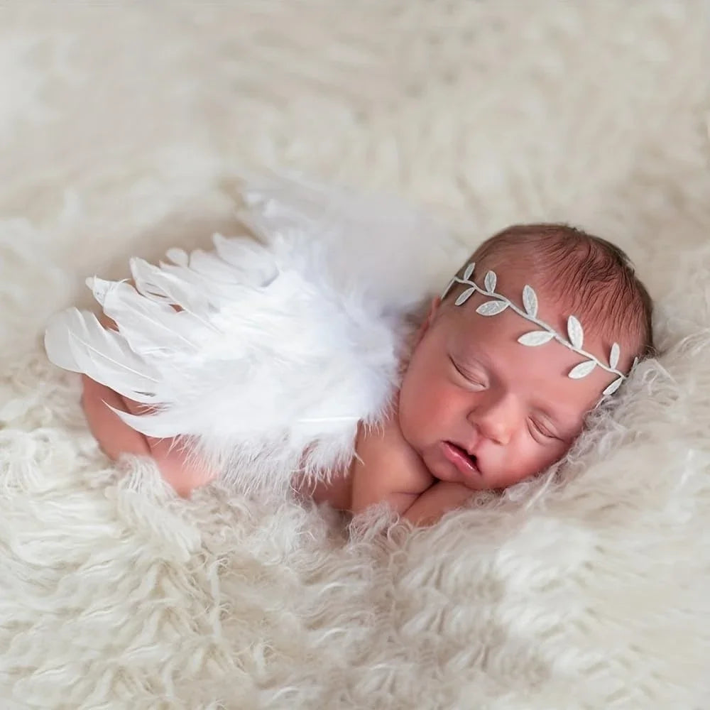 Newborn Photo Props Angel Feather Wings with Leaf Headband childrensterritory