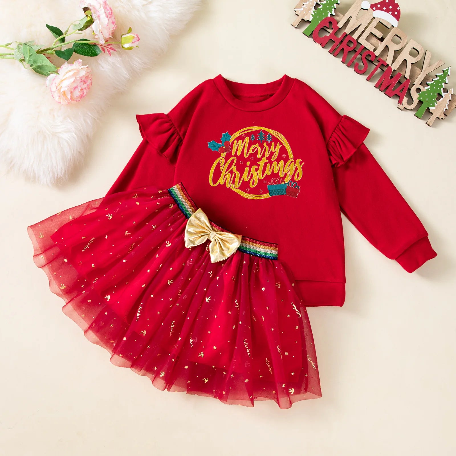 Girls' Long-Sleeved Elegant Christmas Outfit