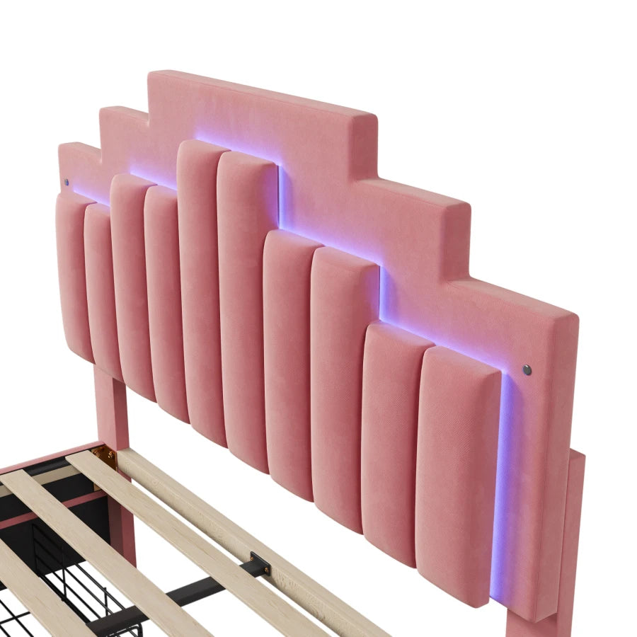 Full-size Platform Bed with Upholstery, Four Drawers, and LED Lights childrensterritory