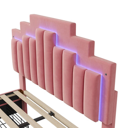 Full-size Platform Bed with Upholstery, Four Drawers, and LED Lights childrensterritory