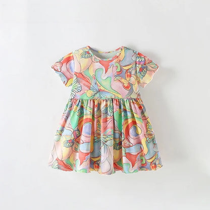 Kids Girls Cartoon Print Cotton Summer A-LINE Dresses