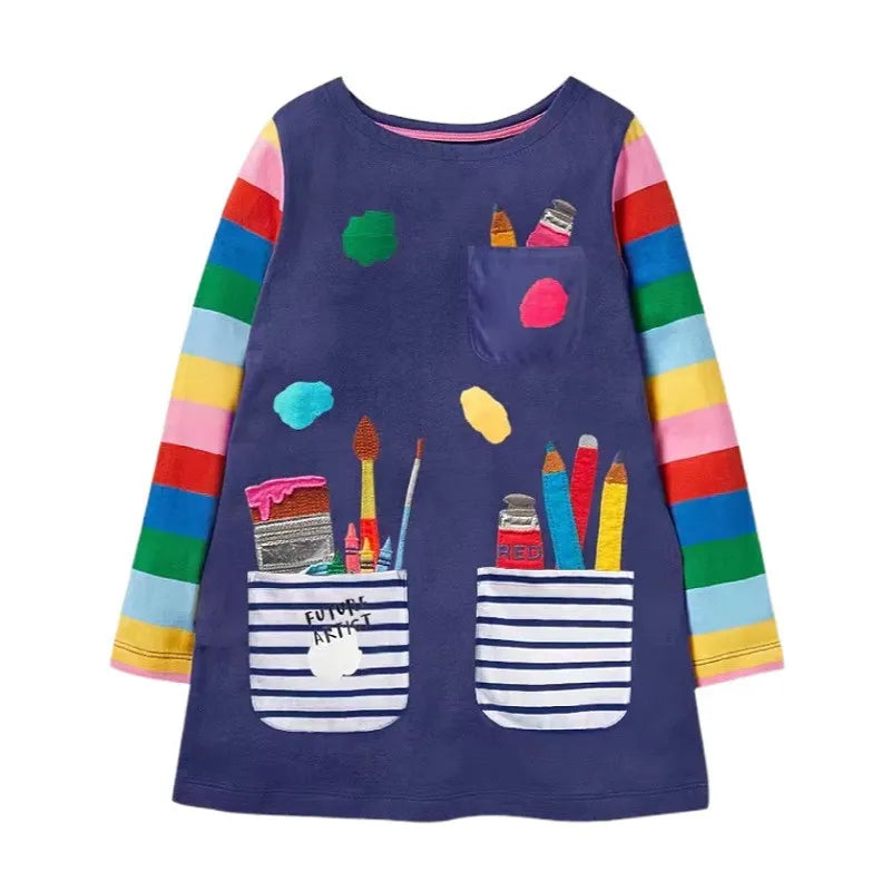 Kids Girls Pockets Pen Embroidery Preppy Style Dress childrensterritory