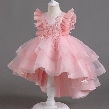 Lace Flower Embroidery Fluffy Mesh Trailing Girls Party Dresses childrensterritory