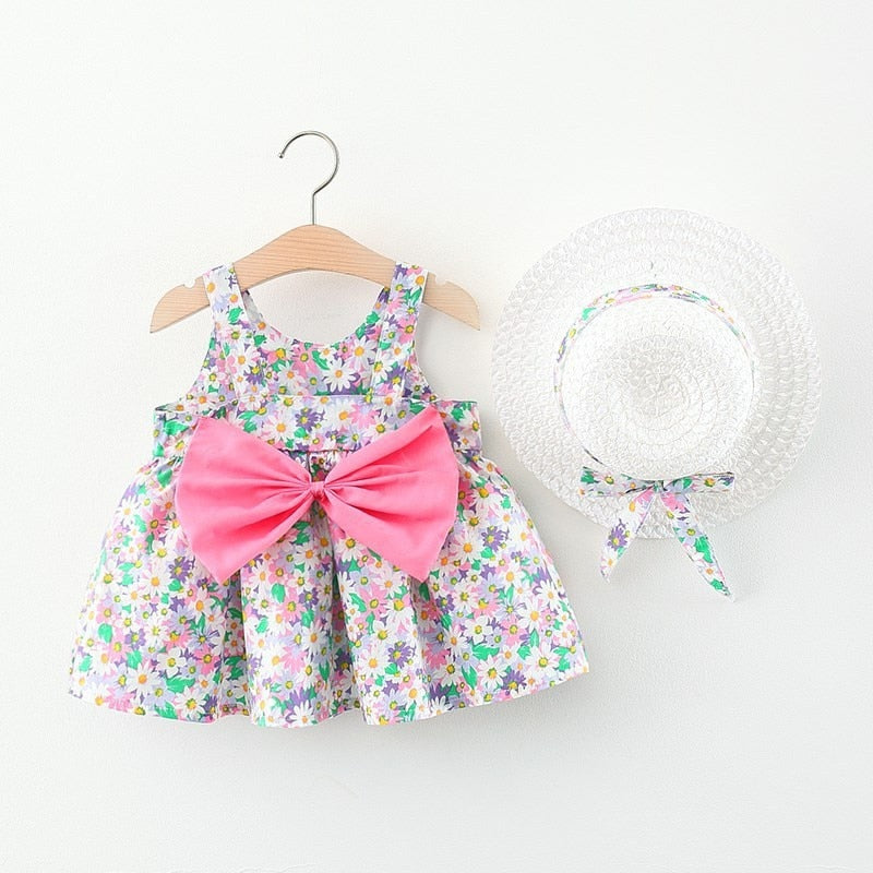 Baby Girl Floral Big Bow Designed Summer Dresses + Sunhat childrensterritory