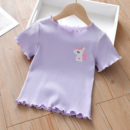 Kids Girls Ruffle Sleeves Cartoon Printed Tops