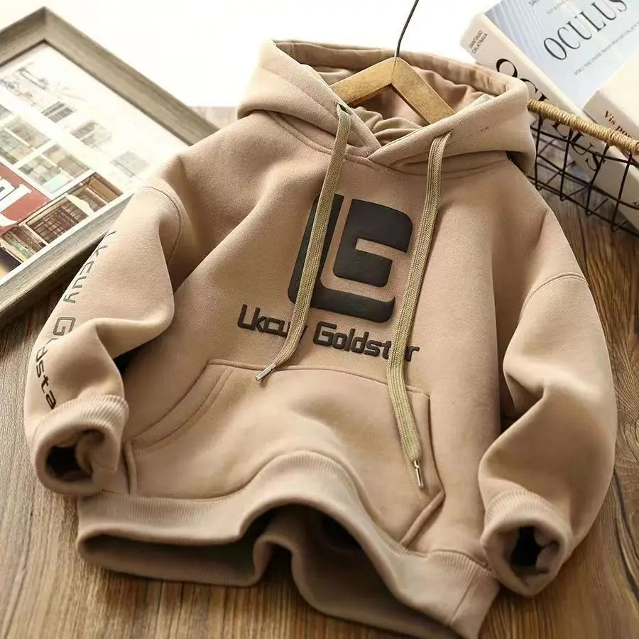 Letter Print With Plush Lining Thick Boys Hoodies childrensterritory