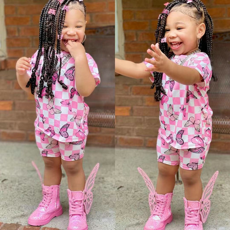 Two Pieces Kids Girls Butterfly Print Summer Clothing Sets childrensterritory