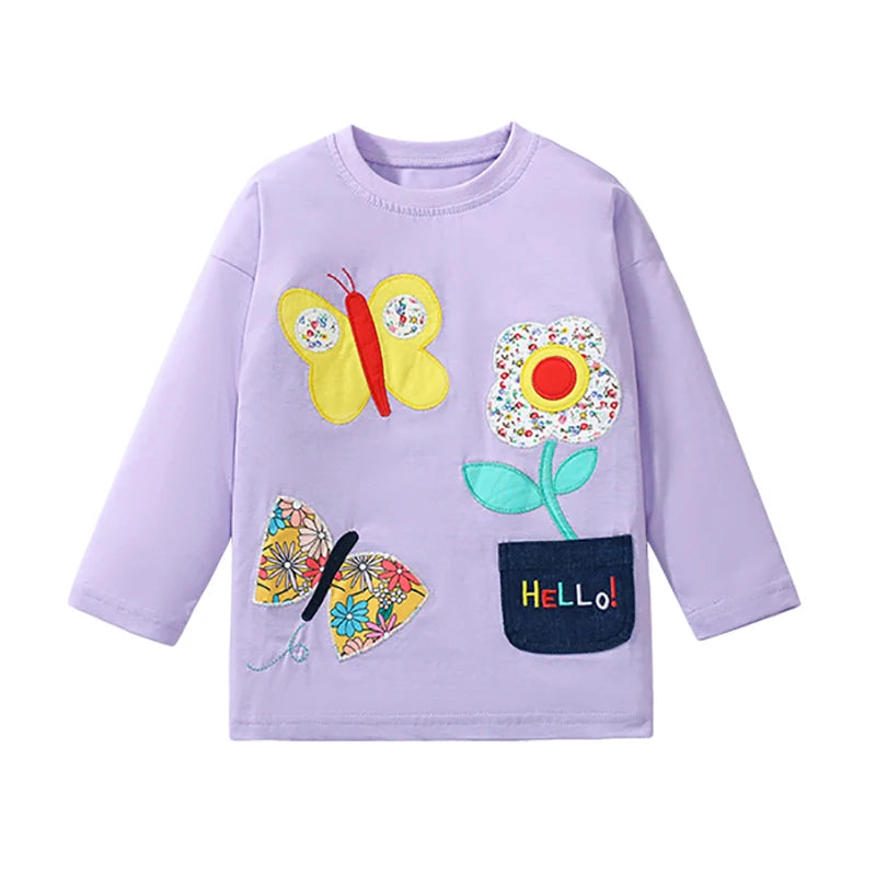 Round Neck Long Sleeves Cartoon Print Cotton Tops For Girls childrensterritory