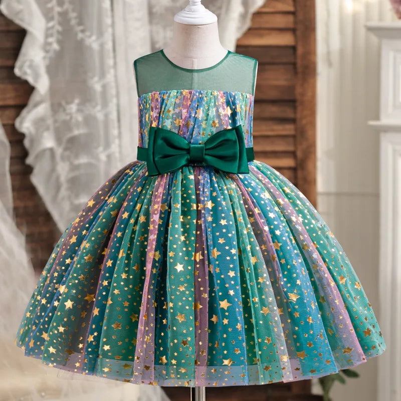 Kids Girls Star Sequin Colorful Bow Splicing Princess Dresses