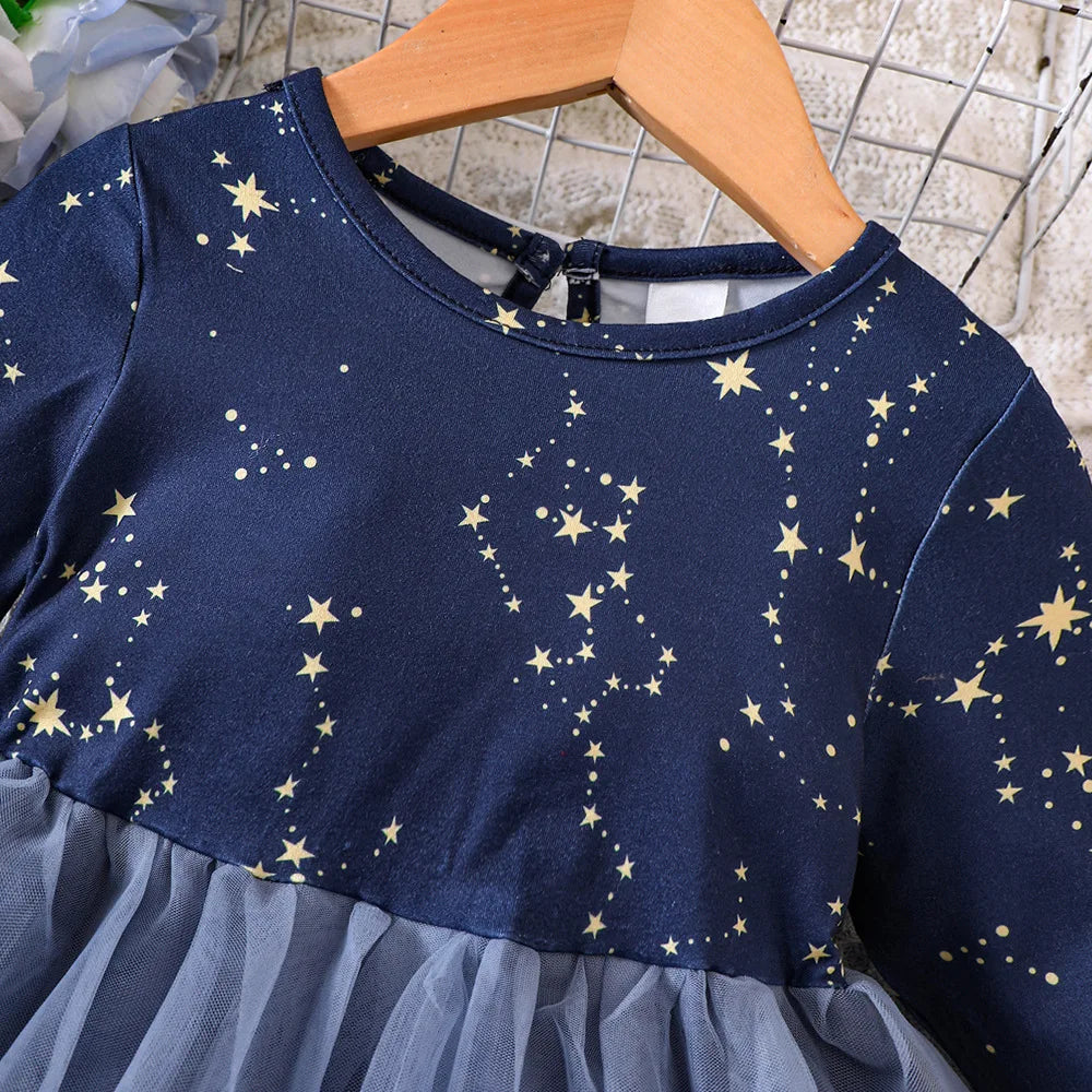 Baby Girl Stars Print Long Sleeve Mesh Princess Dress childrensterritory