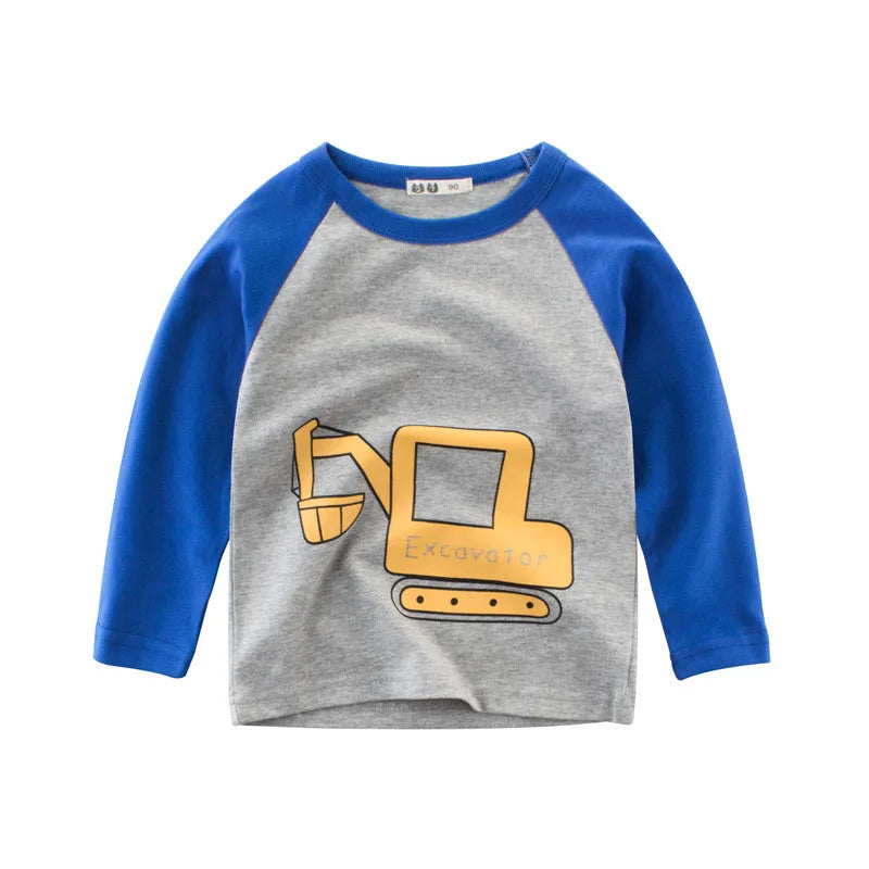 Cartoon Excavator Print Kids Boys Cotton T-shirts