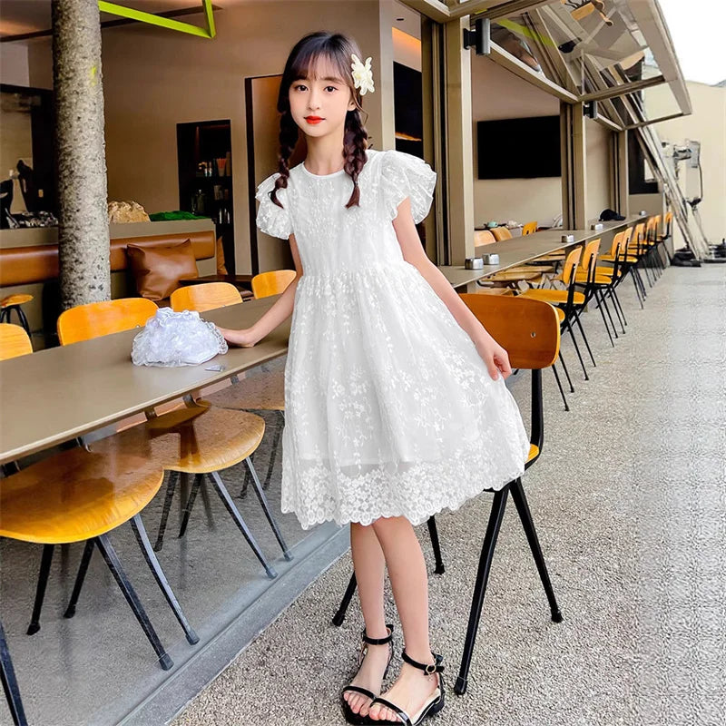Casual Style Girls Lace Floral Dress For Summer