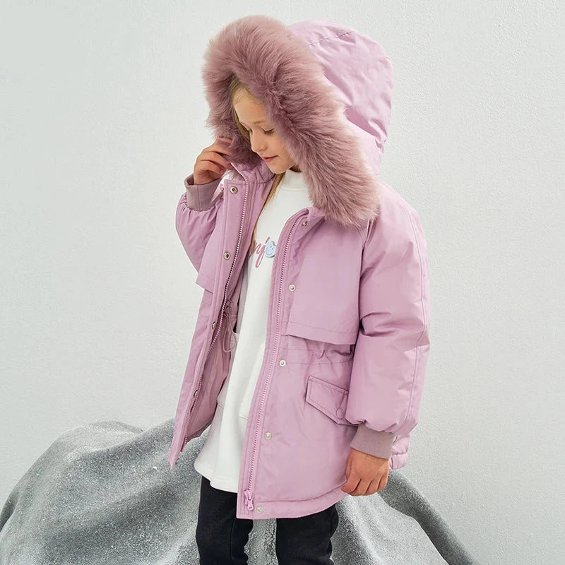 Kids Girls Solid Zipper Hooded Fur Padded Warm Jacket childrensterritory