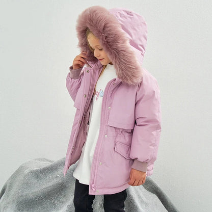 Kids Girls Solid Zipper Hooded Fur Padded Warm Jacket childrensterritory