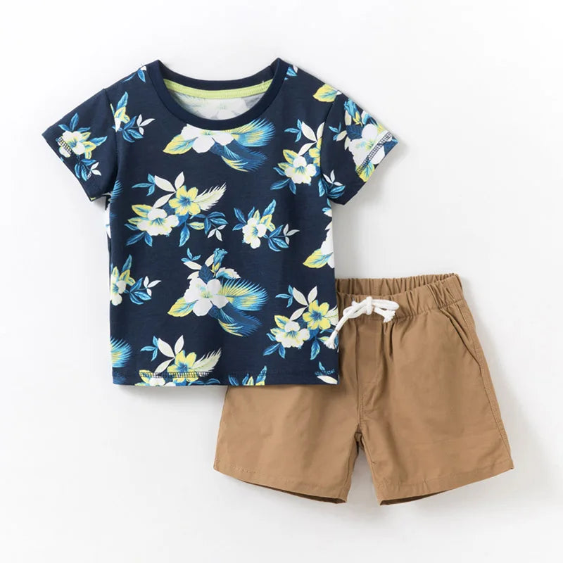 Kids Boys Floral Print Cotton T-shirt and Pants Sets childrensterritory