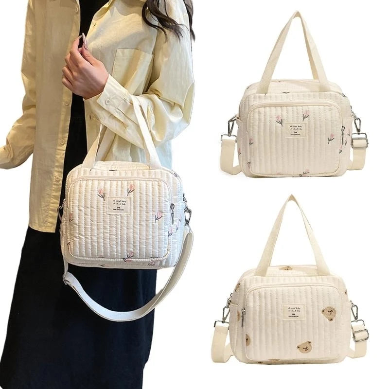 Flower and Bear Embroidery Design Baby Diaper Handbag