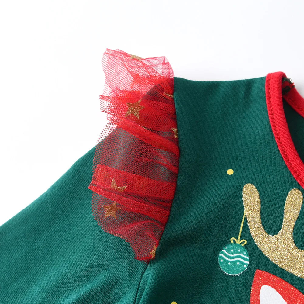 Kids Girls Reindeer Print Christmas Party Dress childrensterritory