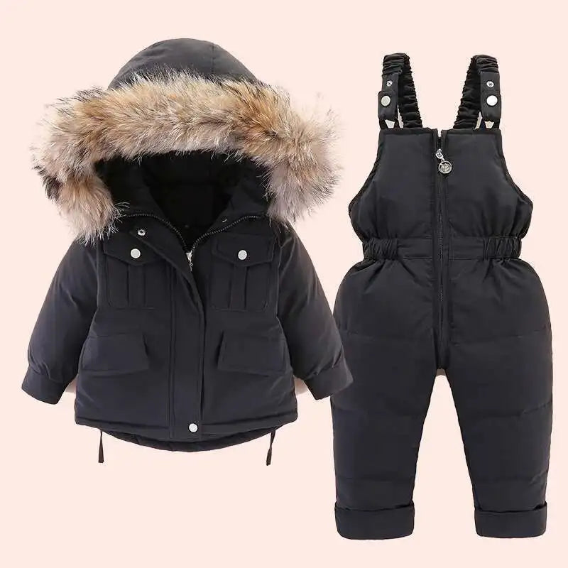 2pcs Toddler Girl Fur Hooded Down Jacket and Jumpsuit Set