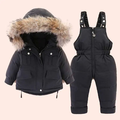 2pcs Toddler Girl Fur Hooded Down Jacket and Jumpsuit Set