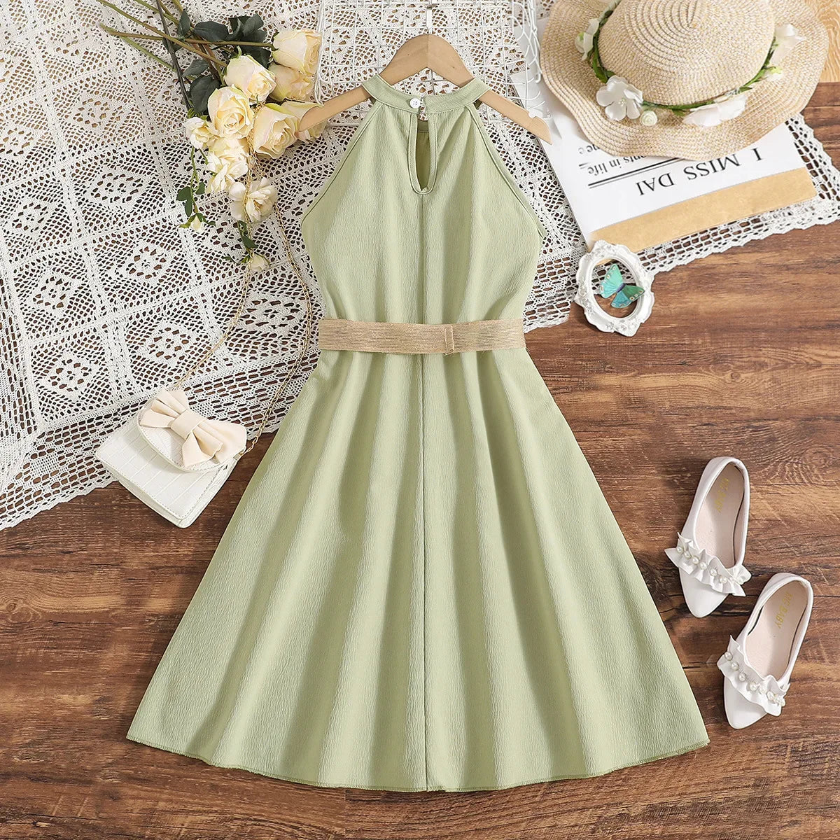 Kids Girls Off Shoulder Formal Summer Party Dresses With Belt