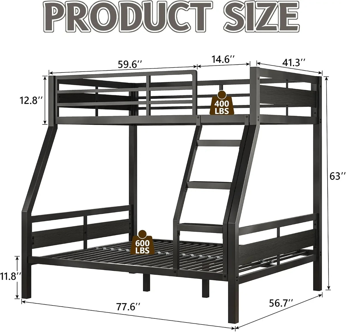 Sturdy Metal Frame Bunk Bed with Slats and Side Rails