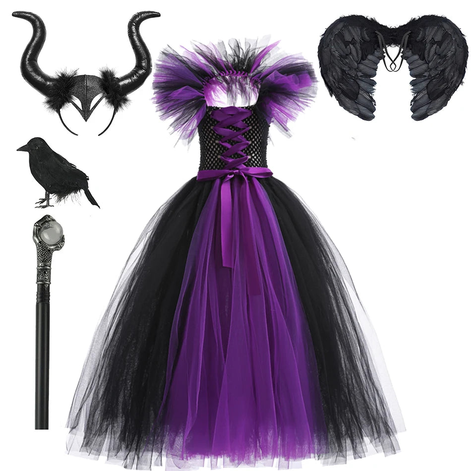 Kids Girls Demon Queen Maleficent Halloween Costume