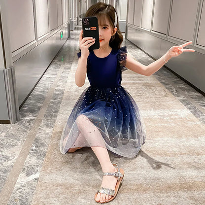 Sleeveless Mesh Lace Layers Star Design Girls Princess Dress childrensterritory