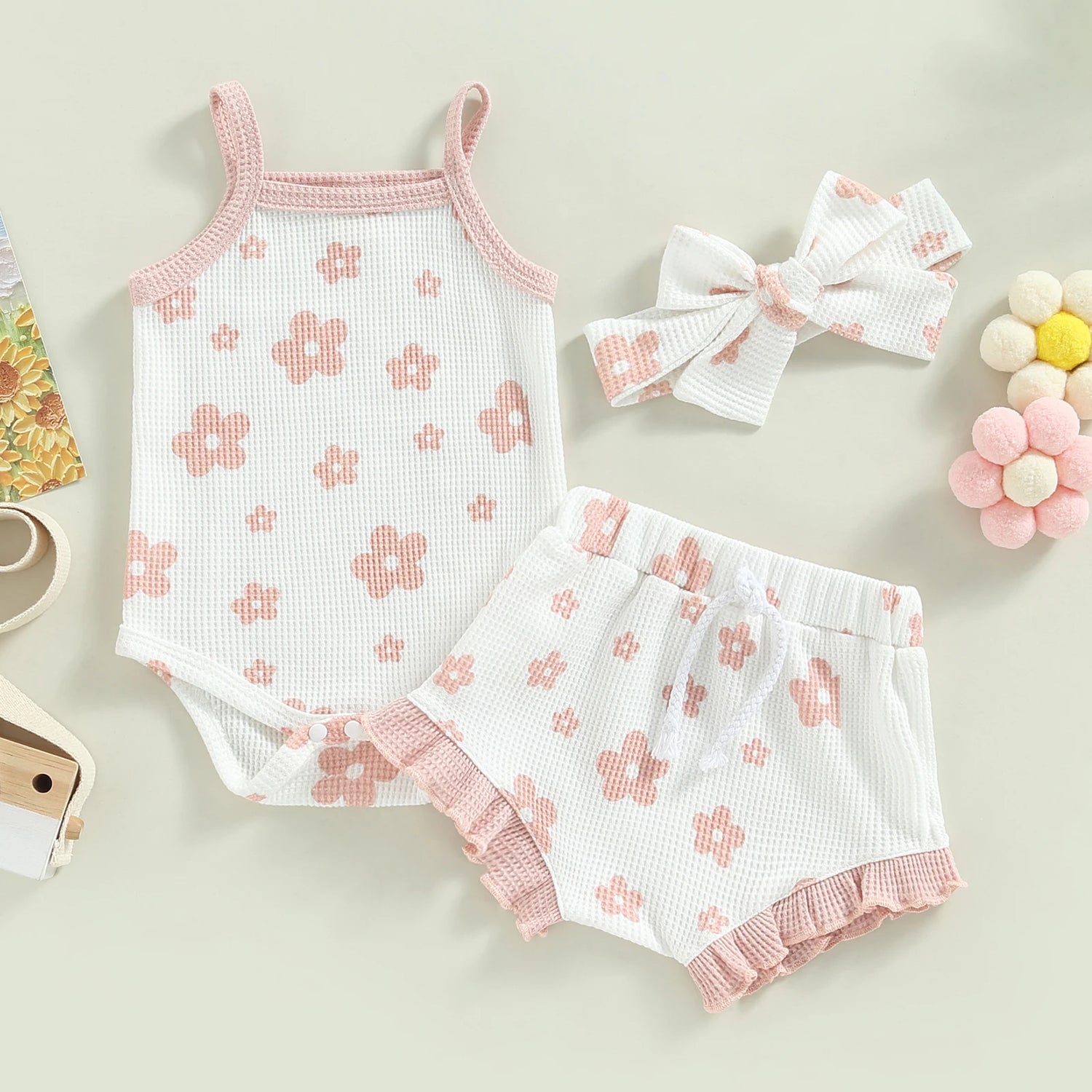 Baby Girl Floral Spaghetti Straps Sleeveless Romper Set