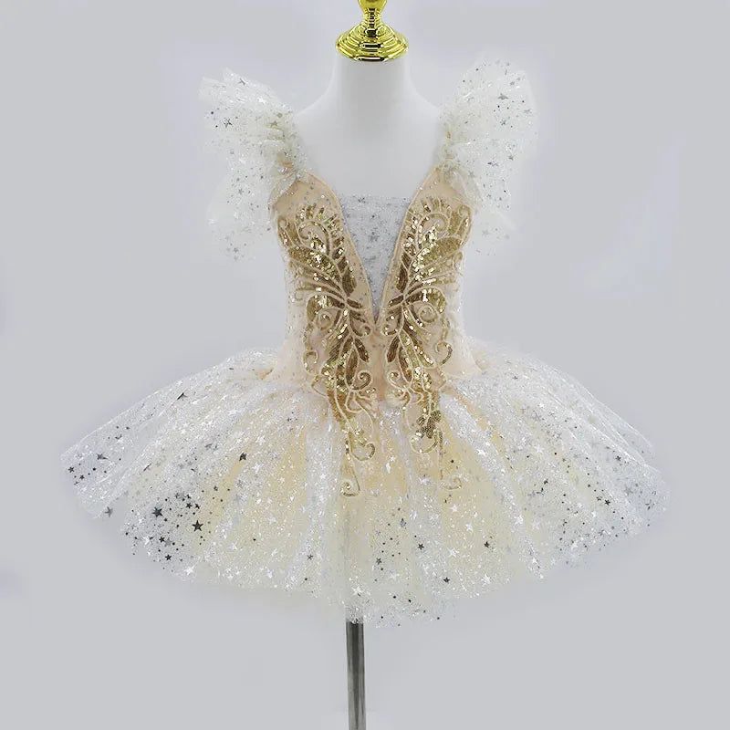 Kids Girls Professional Gold Sequin Ballet Tutu Dress
