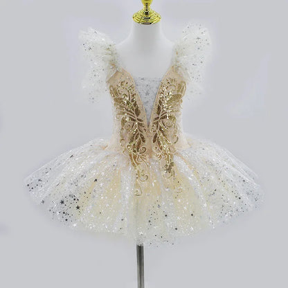 Kids Girls Professional Gold Sequin Ballet Tutu Dress