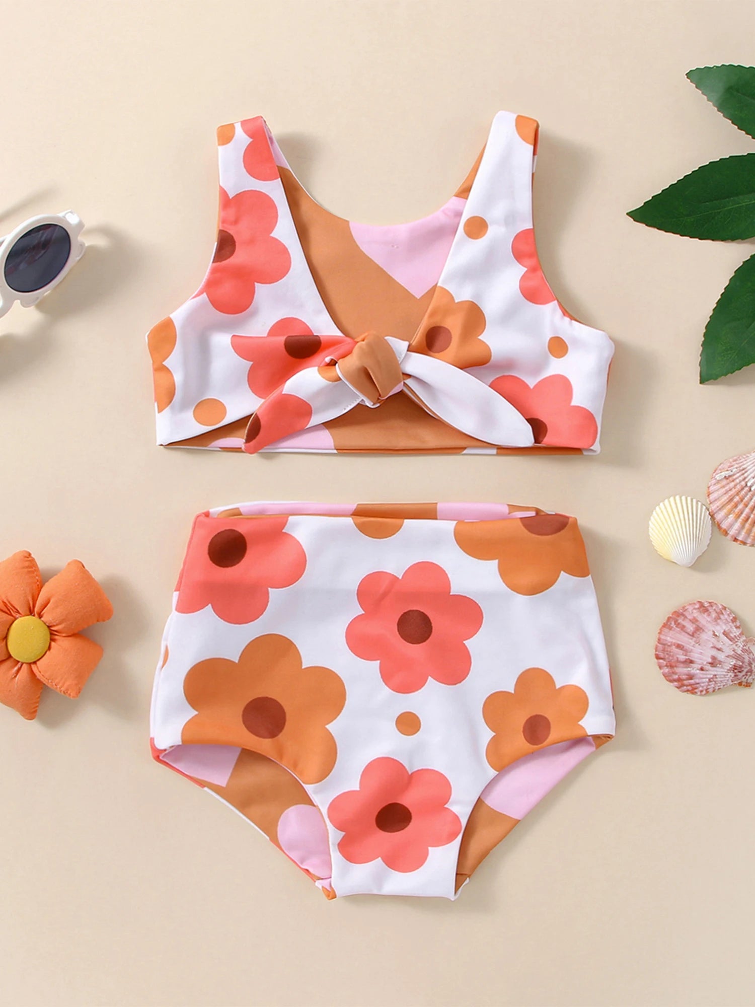 Floral &amp; Heart Print Baby Girl 2Pcs Swimsuit Set