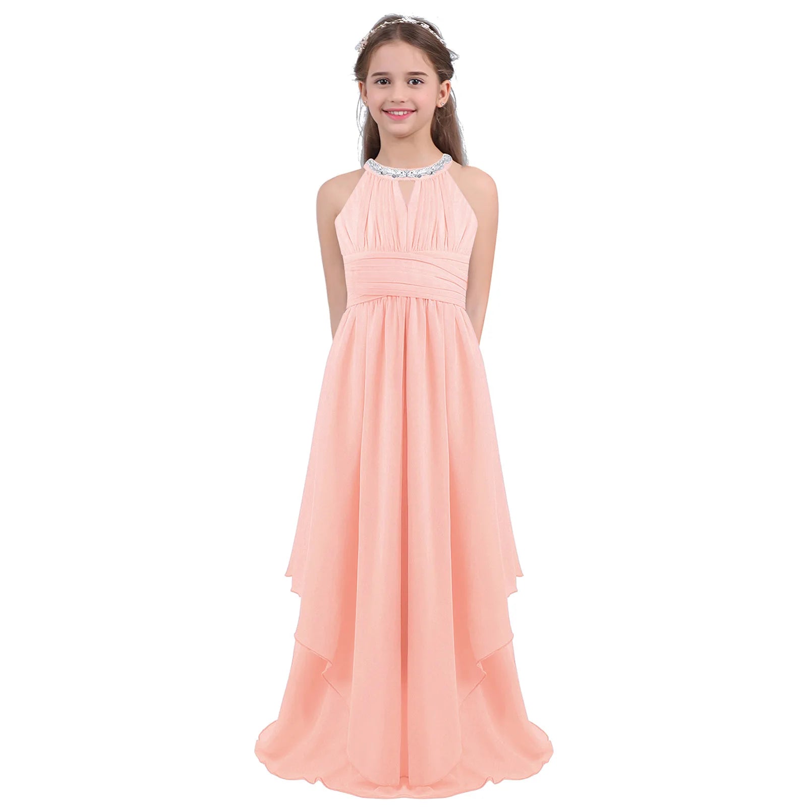 Kids Girls Halter Lace Design Chiffon Long Prom Ball Gowns