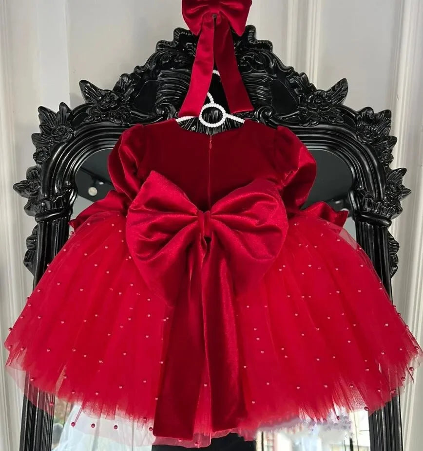 Little Girls Long Sleeve Bow-Decorated Velvet Tutu Party Dresses
