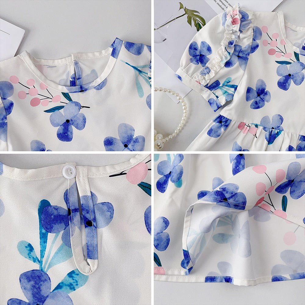 Purple Flowers Pattern with Bubble Sleeve Kids Girl Princess Dress childrensterritory