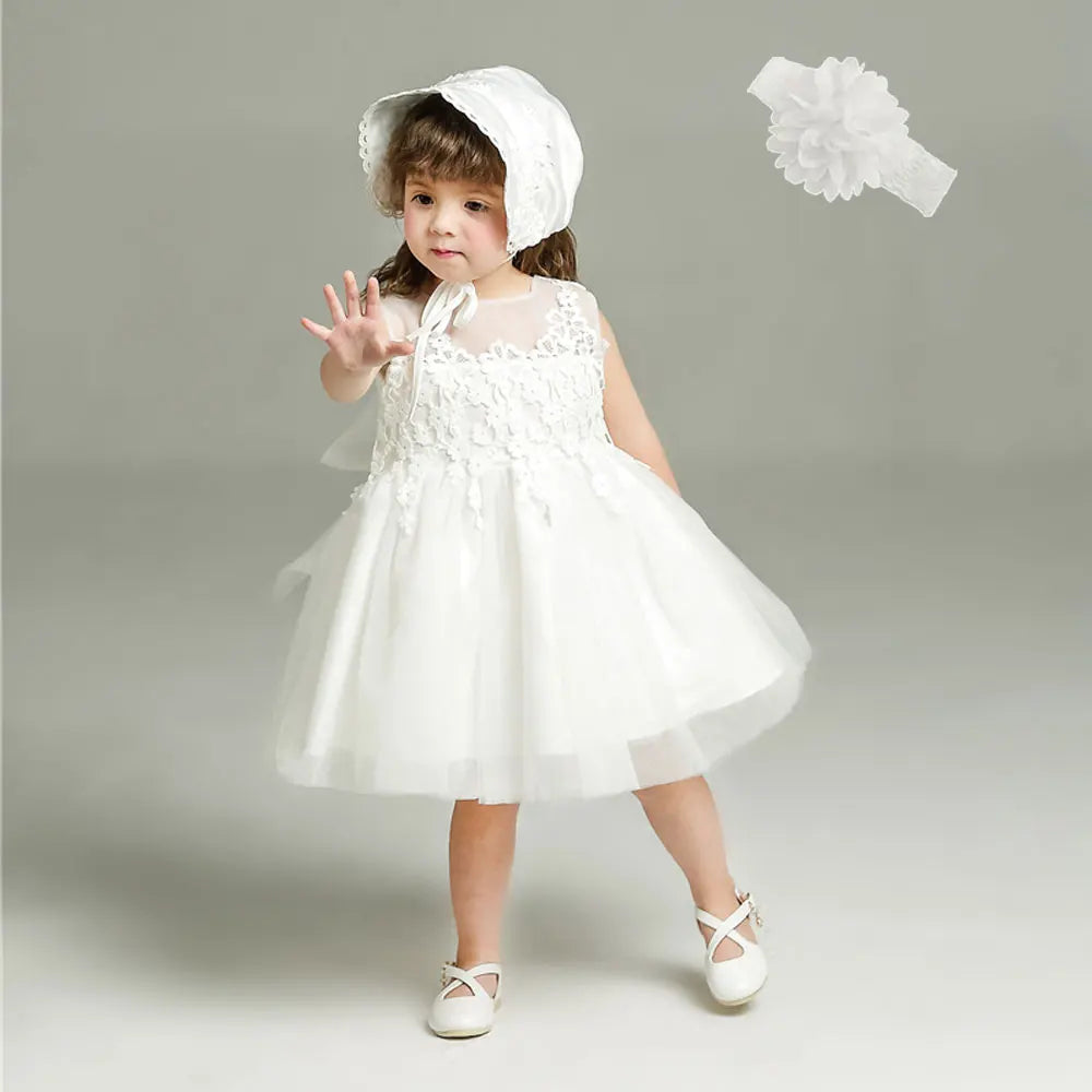 Little Girls Bow Lace Design White Baptism/Bridesmaid Dresses