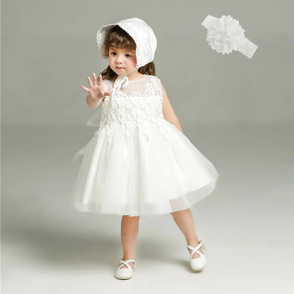 Little Girls Bow Lace Design White Baptism/Bridesmaid Dresses