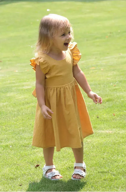 Bow Design Cotton Linen Dress For Toddler Girls childrensterritory