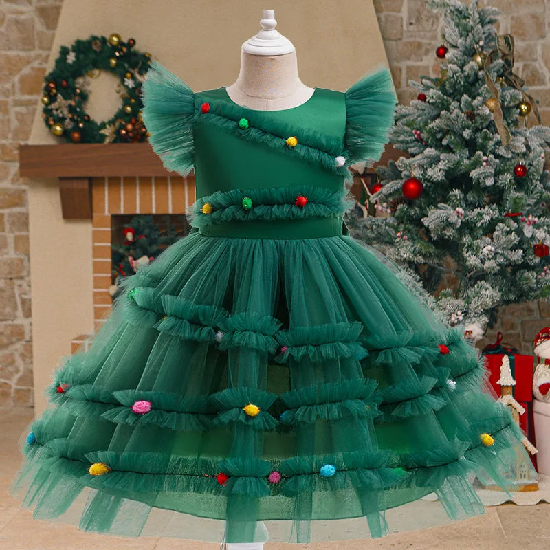 Princess Girls Christmas Tree Mesh Party Dress childrensterritory