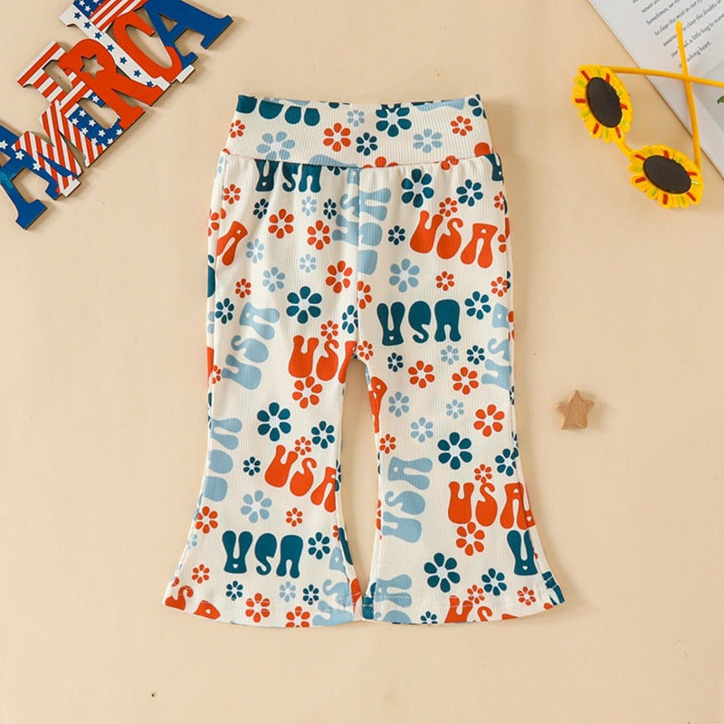 USA Print Tops and Floral Pants Set for Little Girls&