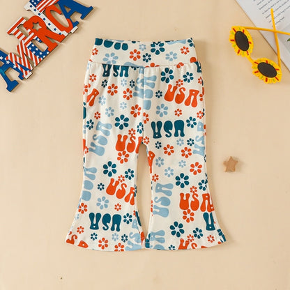 USA Print Tops and Floral Pants Set for Little Girls&